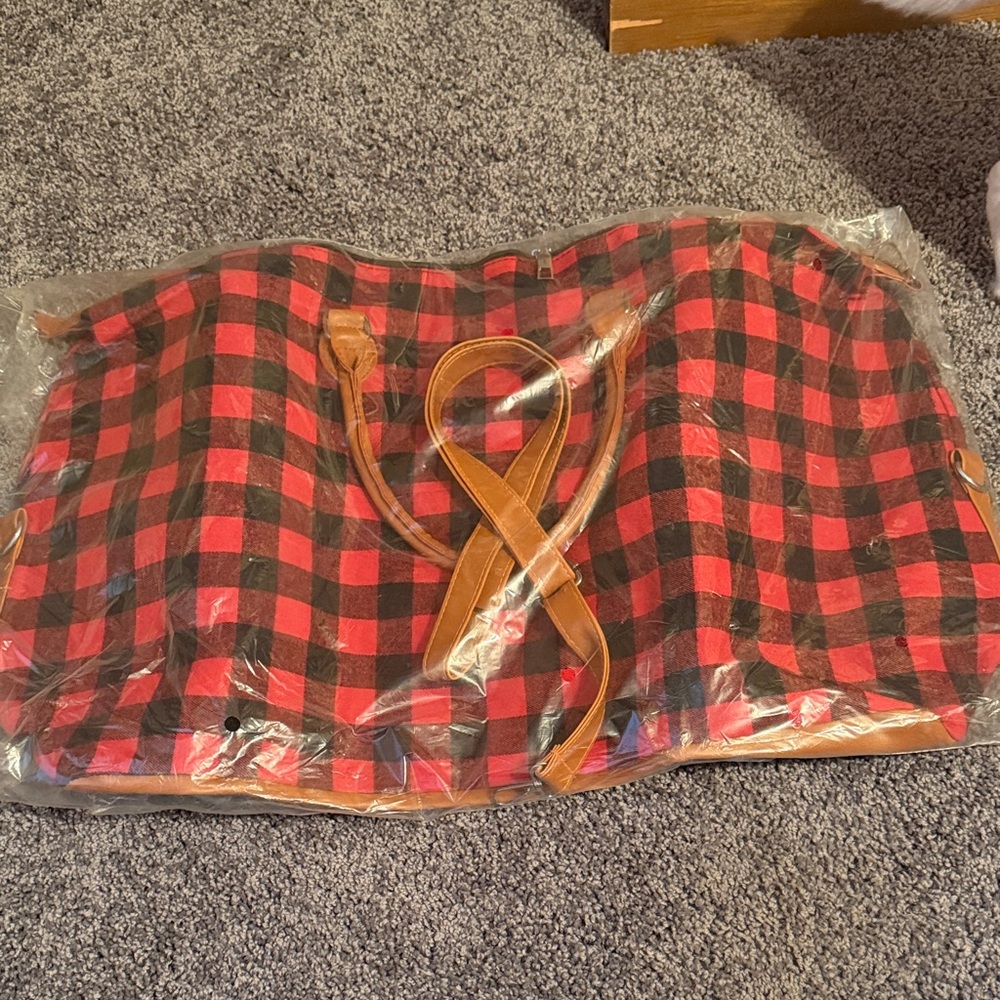 Barbados Leather Buffalo Plaid Weekender Tote Bag